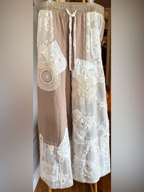 POL Floral Embroidered Wide Leg Crochet Lace Patchwork Pants